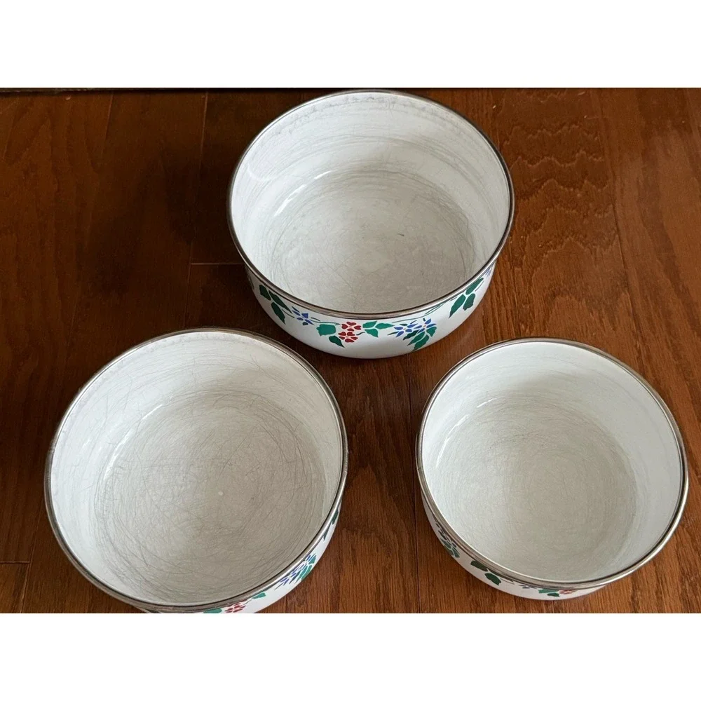 Vintage Set of 3 Kobe Kitchen Floral Enamel Metal Mixing Nesting Bowls JC Penney